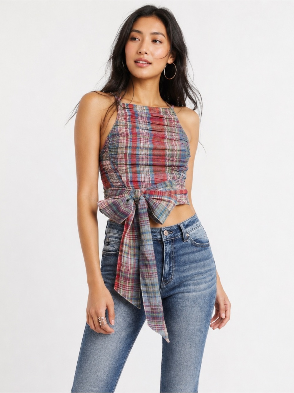 Free People Real Love Plaid Tank Top S Ruched Tie Front Y2K Modern Boho